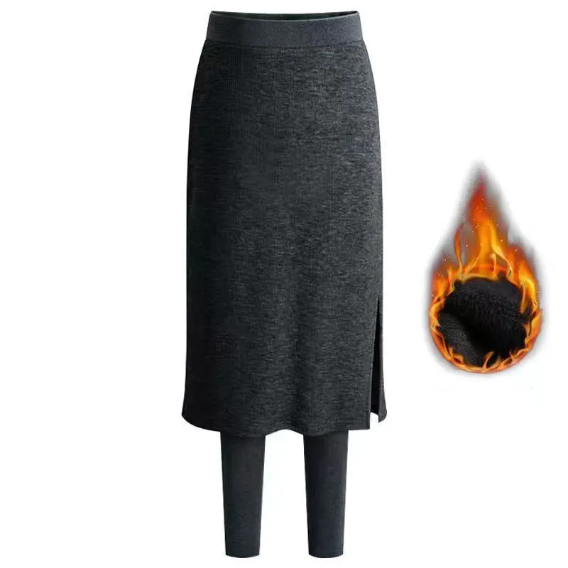 CHRLEISURE Women Sexy Two Pieces Skirt Leggings Slim Fit Elastic Winter Warm Fleece Long Skirt Leggings Solid Color