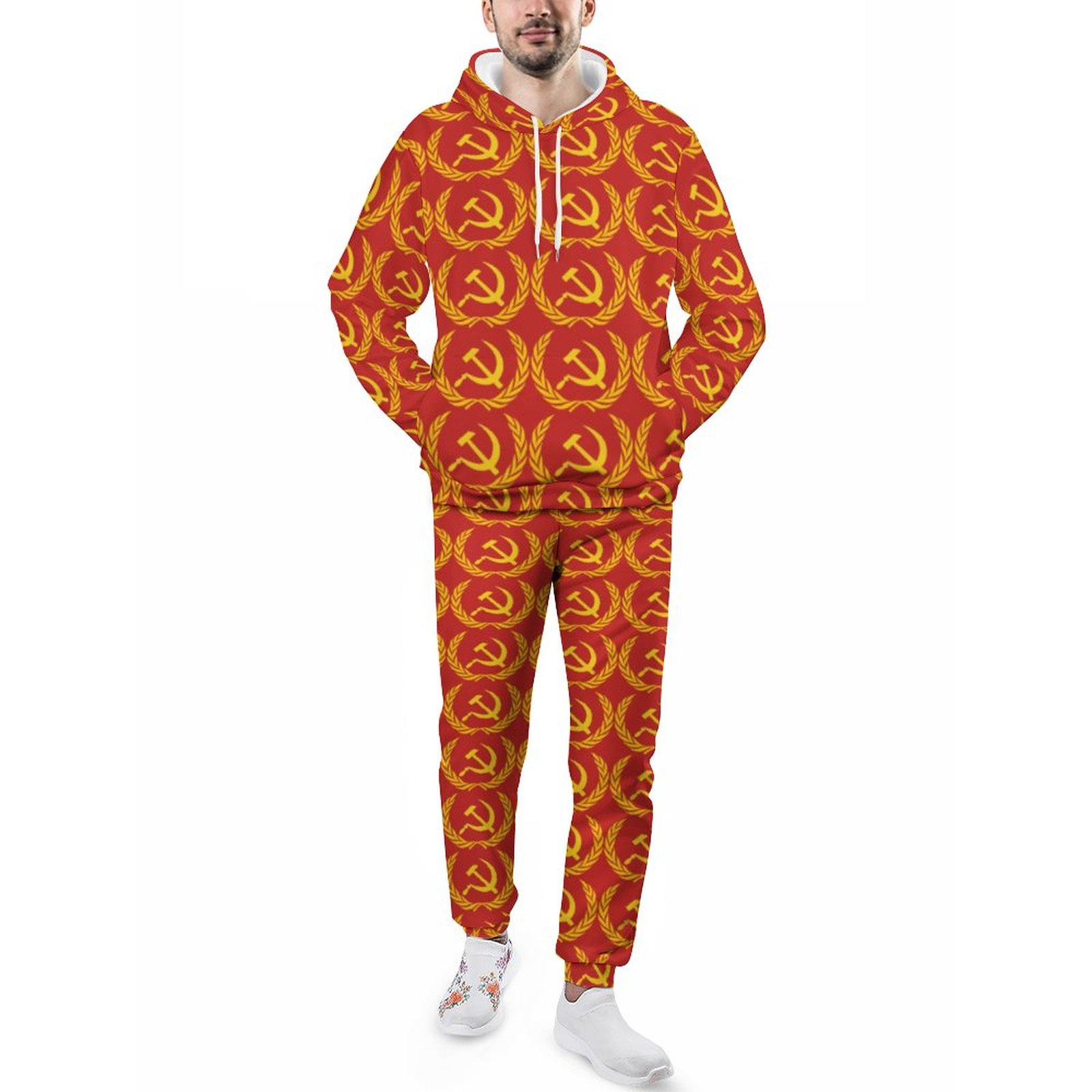 Hammer Sickle U S S R Flag Pattern Men's Sweatsuits Set Guys Loose Fall And Winter Athletic Pullover And Sweatpants Suit Outfit