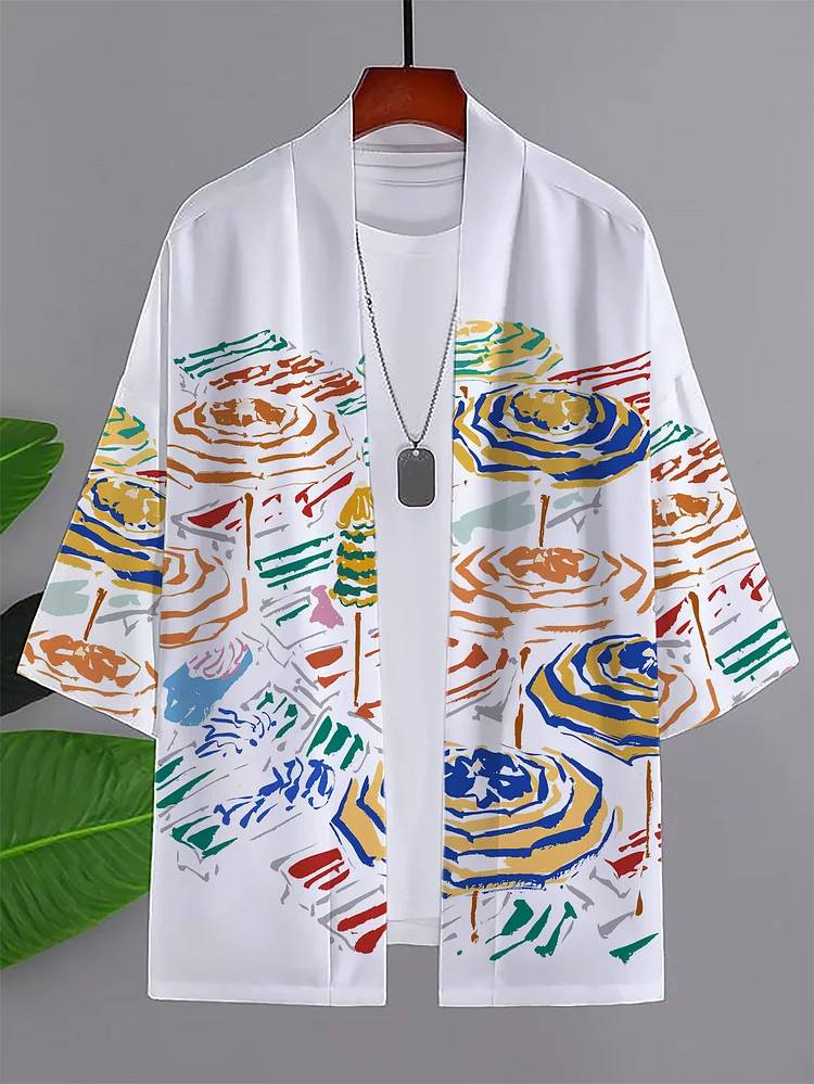 Men's Vacation Colorful Umbrella Print Casual Kimono Cardigan