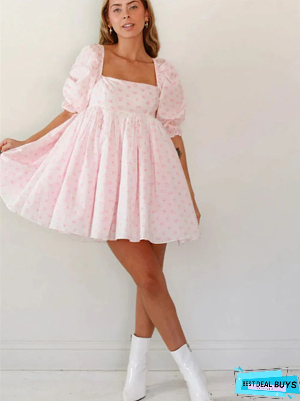 Printed Square Neck Lantern Short Sleeve Women's Dress Backless Fluffy French Princess Dress