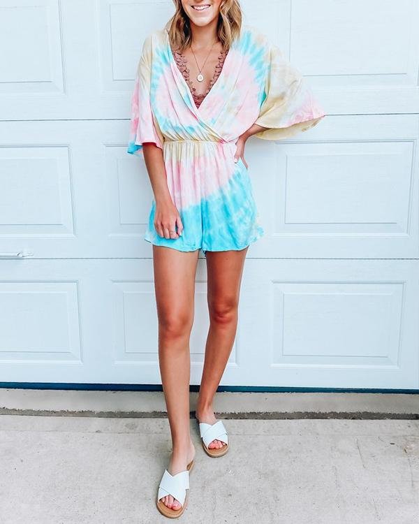 Tie Dye Drawstring Deep V-neck Casual Tracksuit Short Jumpsuit