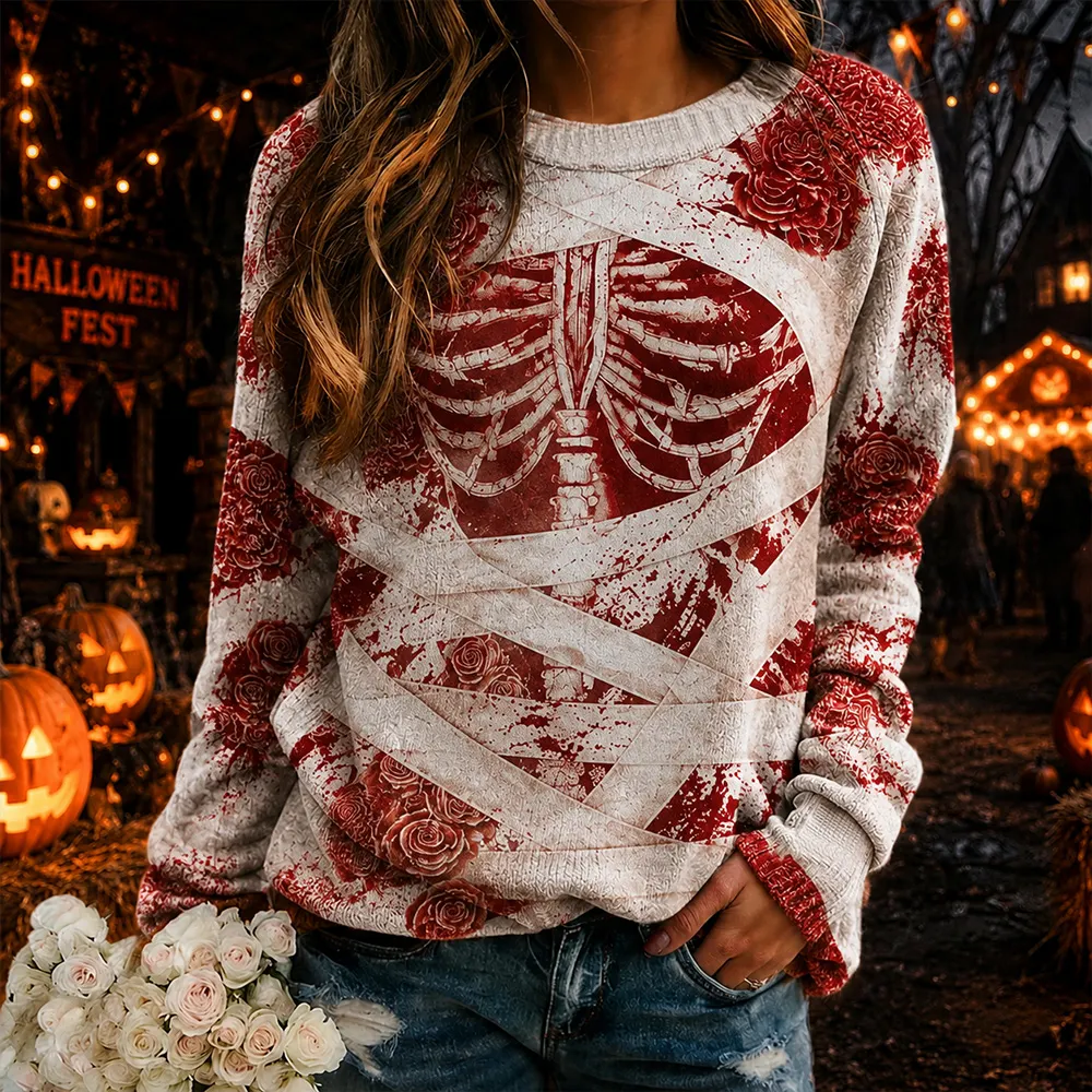 Comstylish Women's Halloween Human Anatomy Art Casual Crewneck Sweater