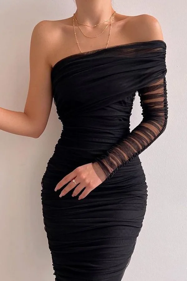 Ricoh Zippered Mesh Paneled Bias Neck Midi Dress
