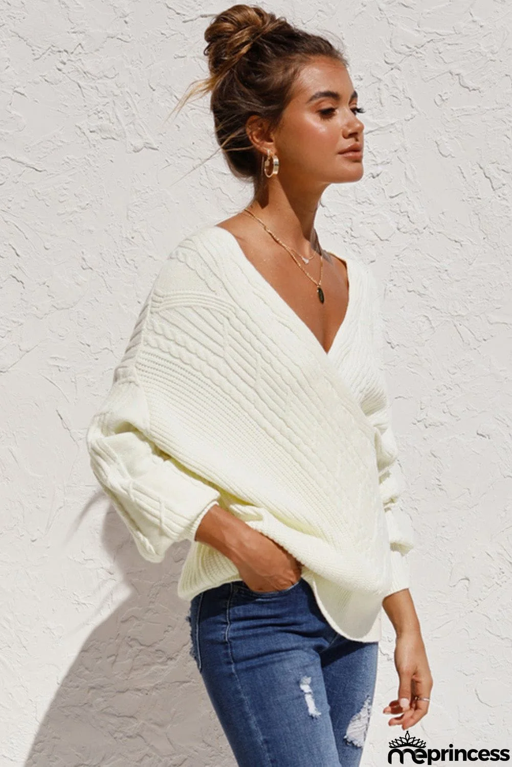 Beige Wrap V Neck Lantern Sleeve Textured Sweater