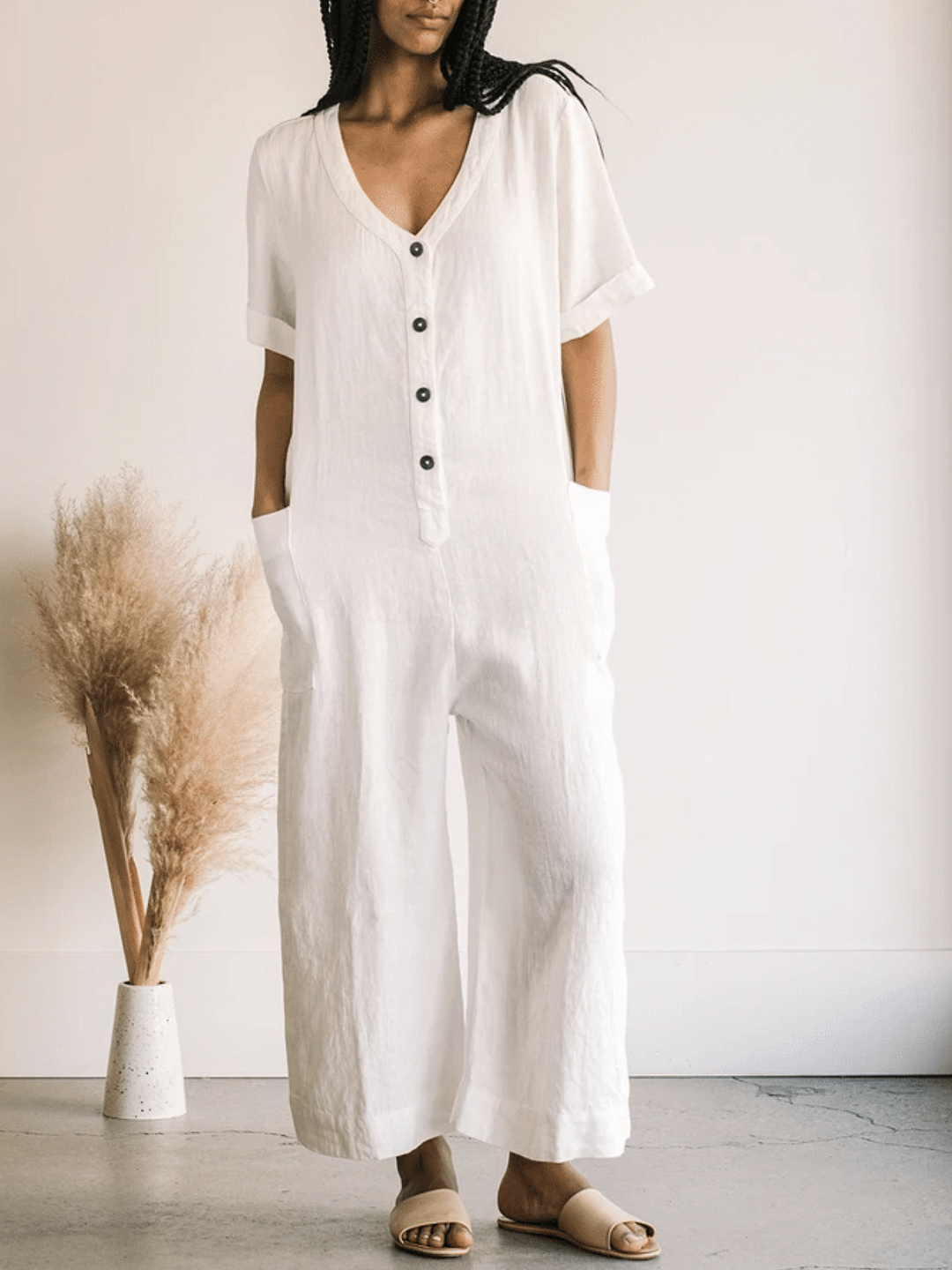 Casual Cotton-Blend Pockets Solid Jumpsuit & Romper