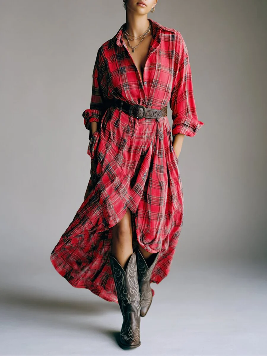 Athvotar Athvotar Long-Sleeved Plaid Shirt Dress 2025 Spring And Autumn New Fashion Loose Casual Dress Belt