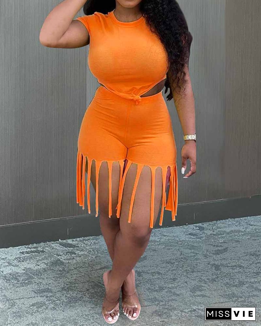 Sporty Fringe Embellished Bodycon Tank & Shorts 2-piece set