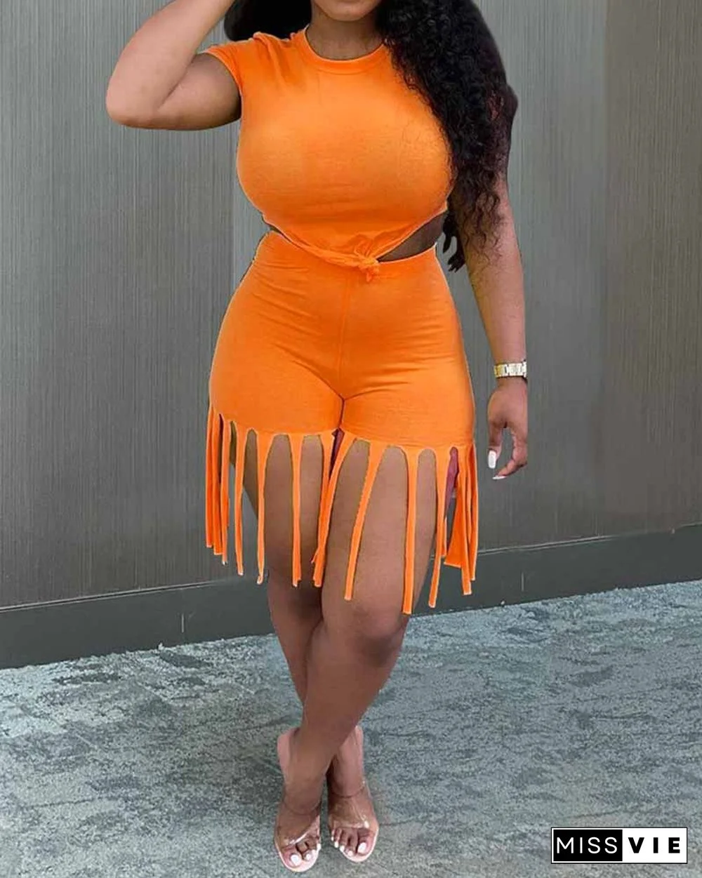 Sporty Fringe Embellished Bodycon Tank & Shorts 2-piece set