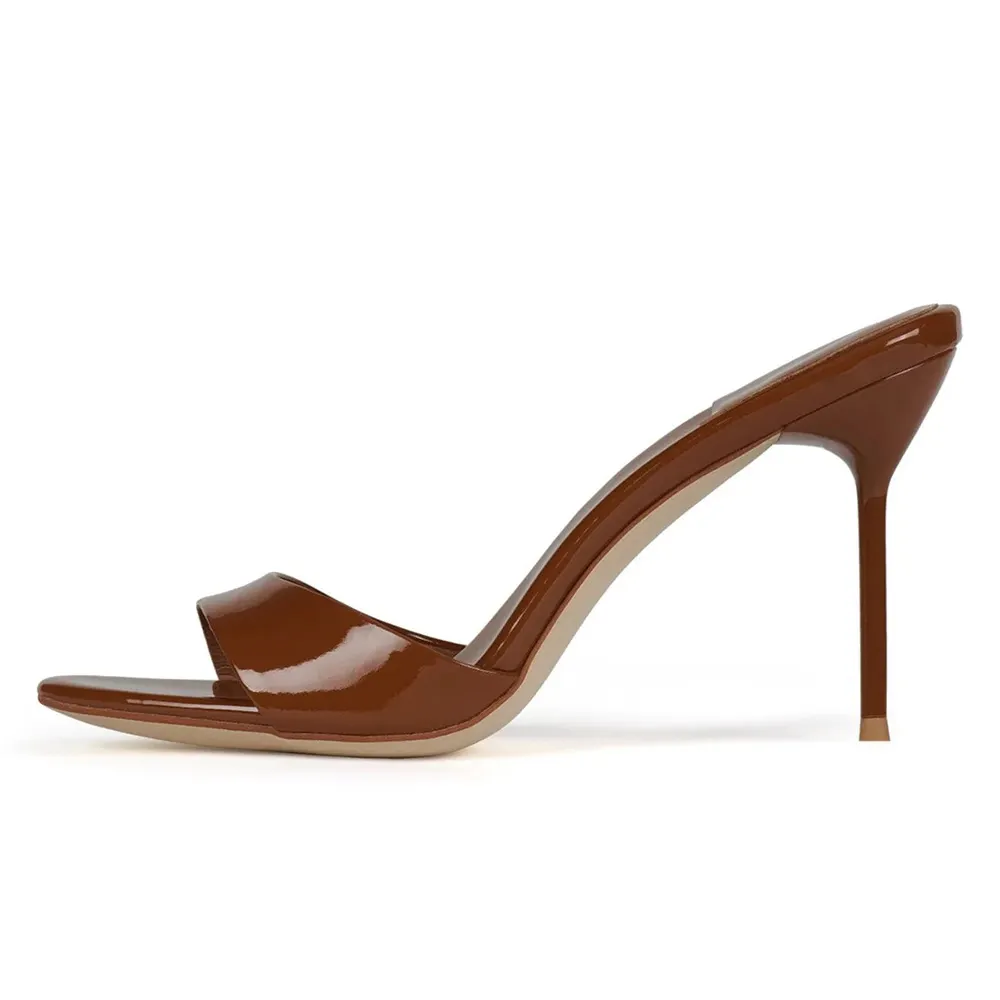 Brown Patent Leather Open Round Toe Comfy Slip On Heeled Mules