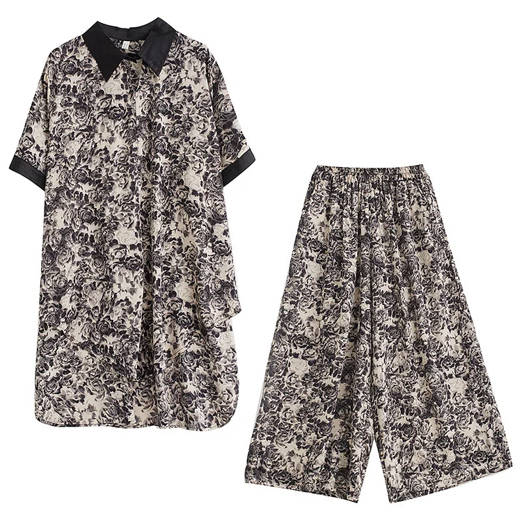 Loose Printed Polo Neck Top and Wide Leg Pants Suits - yankia