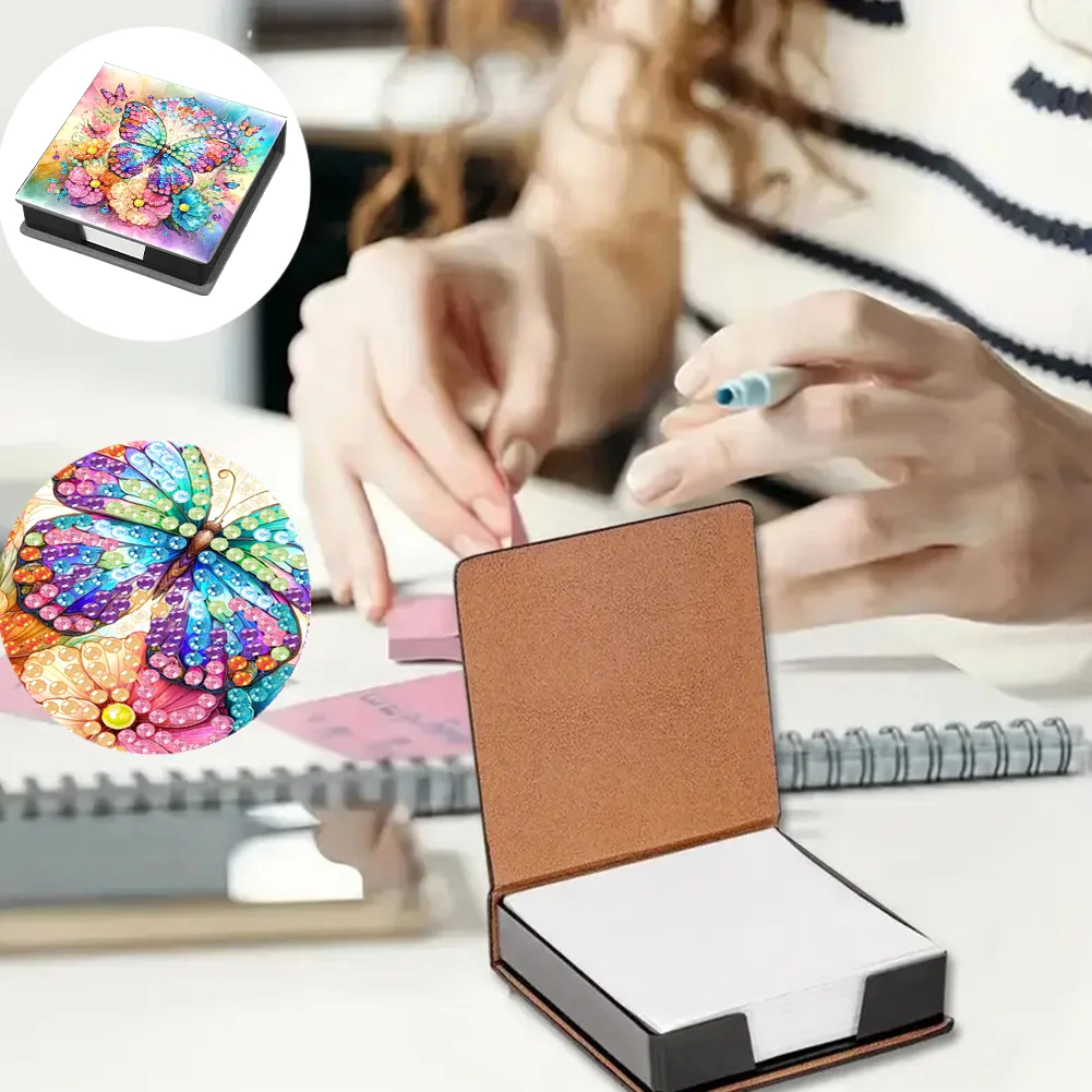 DIY Flower Butterfly Leather Diamond Art Note Box with 160 Sheets of Paper for Beginners