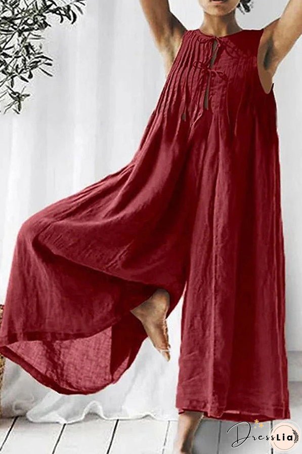 Salma Linen Blend Sleeveless Cutout Ruched Detail Wide Leg Jumpsuit