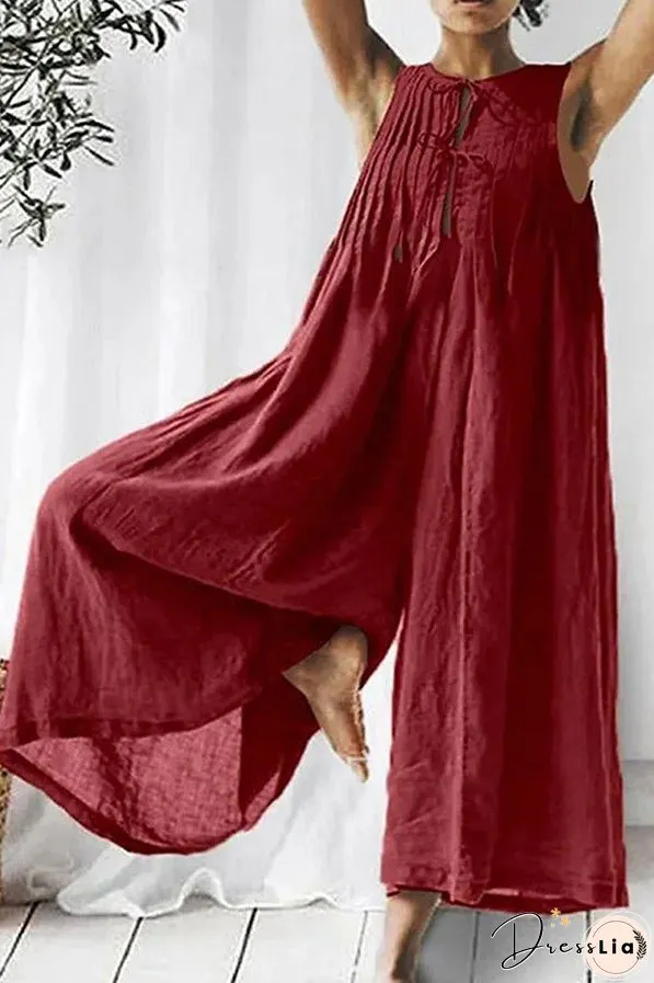 Salma Linen Blend Sleeveless Cutout Ruched Detail Wide Leg Jumpsuit