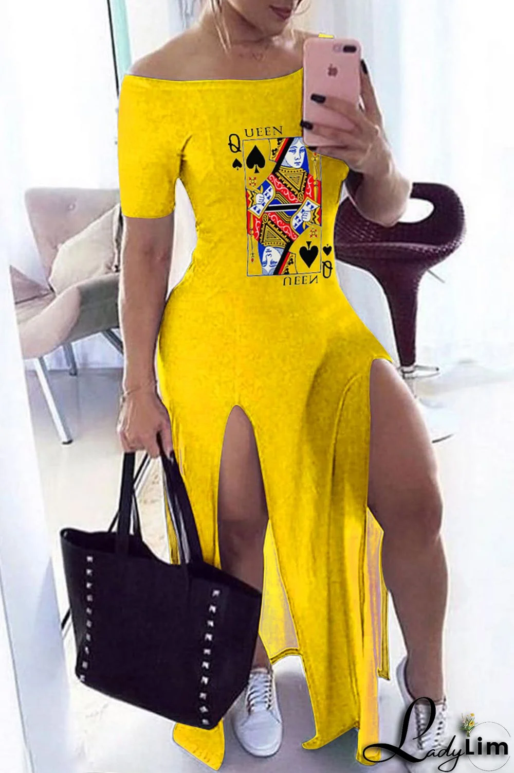 Yellow Fashion Casual Print Slit Off the Shoulder Short Sleeve Dress Dresses