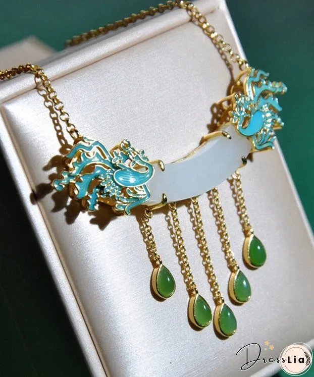 Style White Jade Enamel Phoenix Lariat Necklace