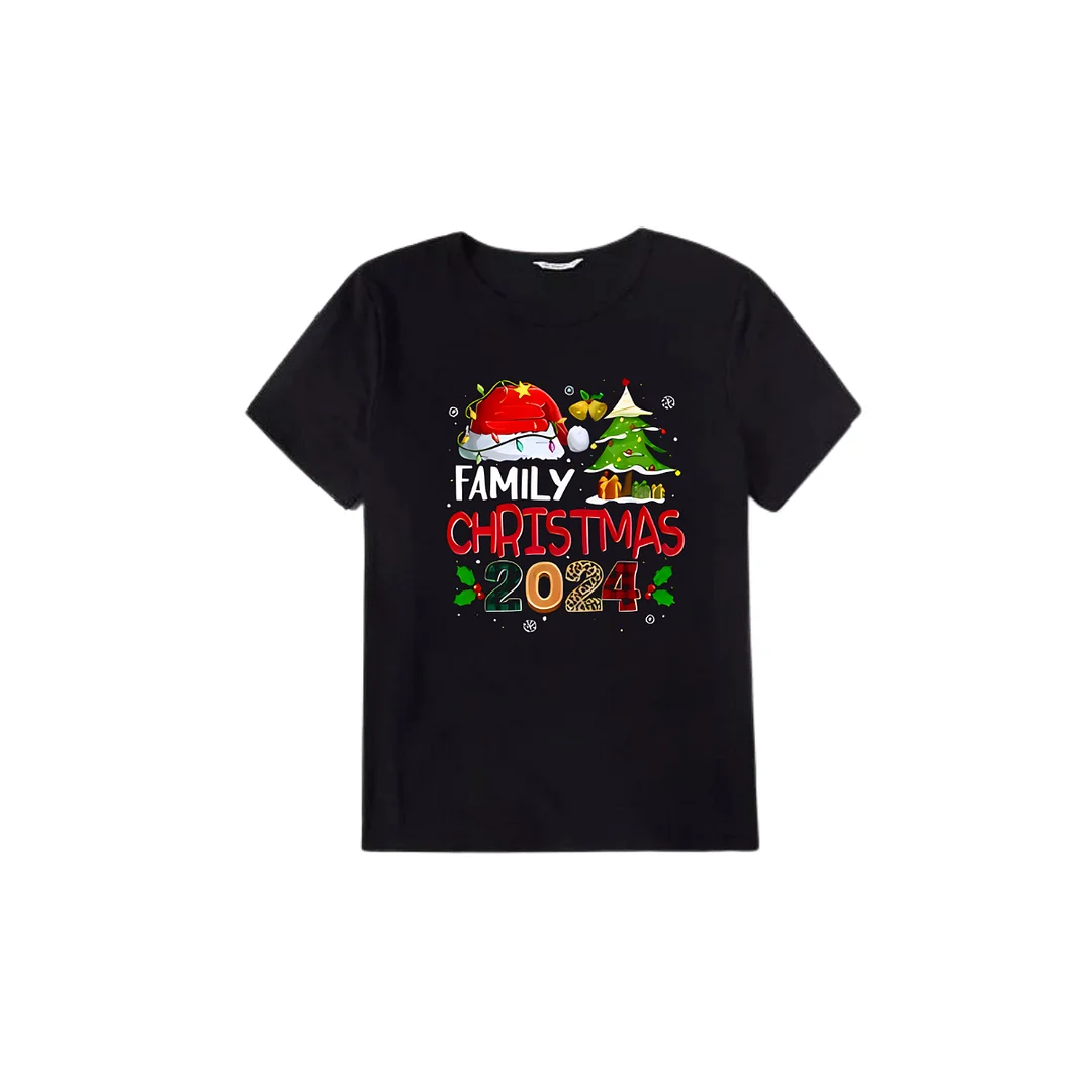 "Family Christmas 2024" with Santa Hat and Christmas Tree Pattern Black Short Sleeve with Red & Black Plaid Pant Family Matching Pajamas