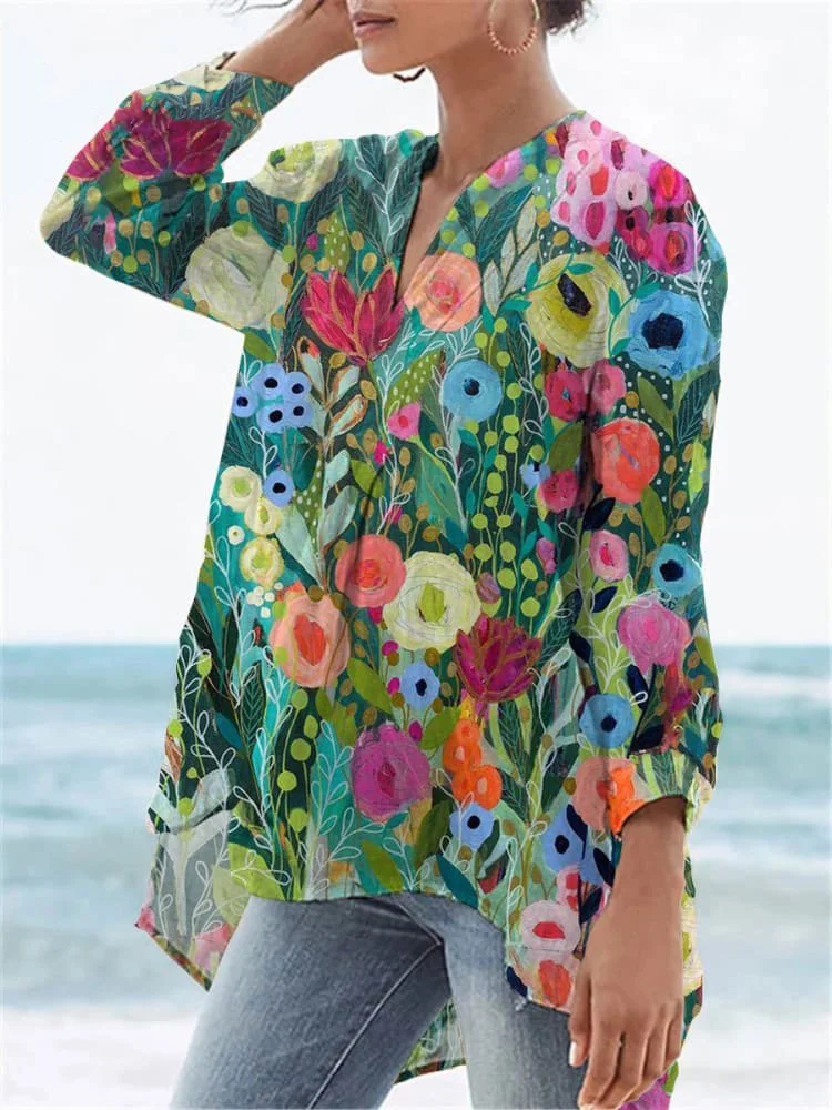 Women's  Flower Print Casual Linen V-neck Shirt