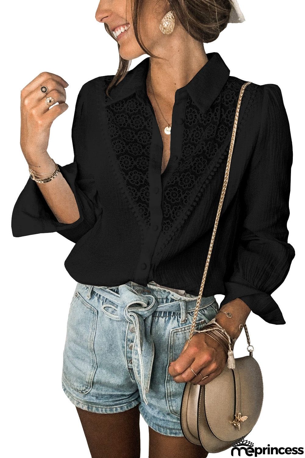 Floral Lace Hollow-out Splicing Crinkled Shirt