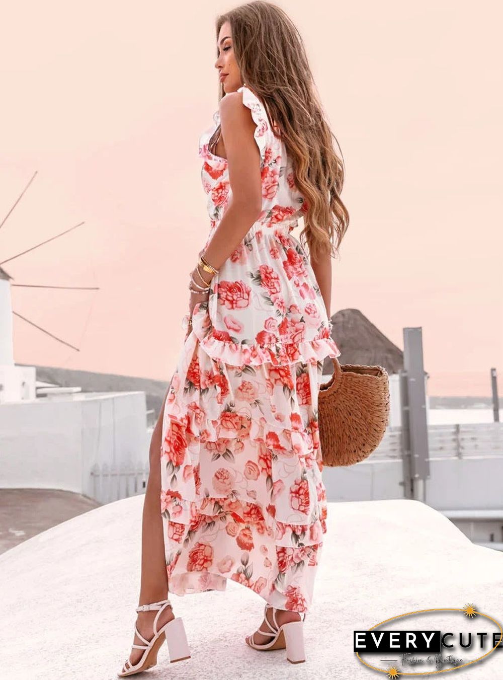 Sleeveless Deep V Neck Floral Deep V Neck Dress