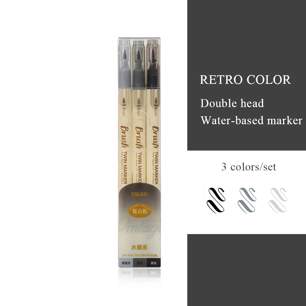 JIANWU 3pcs/set Retro Double Headed Brush Pen Creative Art Marker Pen for Drawing Painting Watercolor School Supplies Stationery