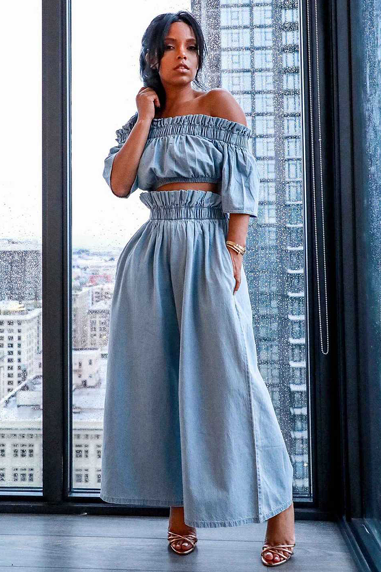 Denim Off Shoulder Half Sleeve Crop Top Elastic Waist Wide Leg Pants Matching Set-Light Blue