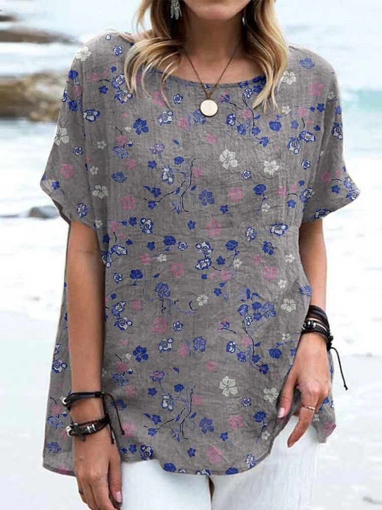 Women's Floral Pattern Round Neck Cotton and Linen Top