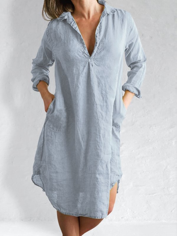 Linen Cotton V-Neck Polo Shirt Dress