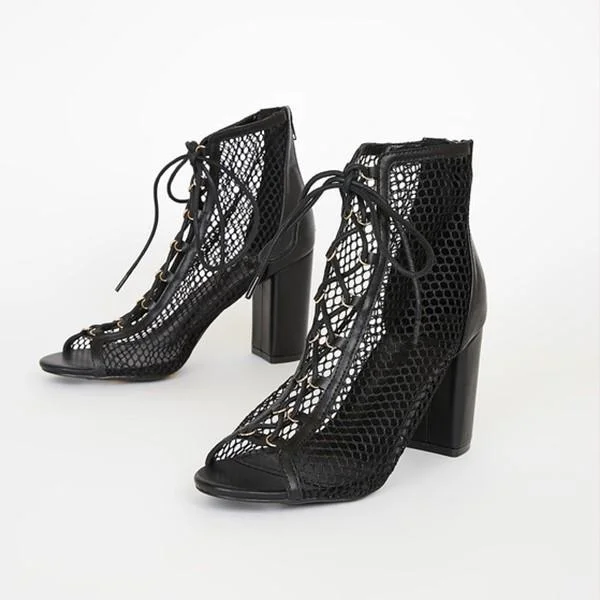 Women Mesh Peep-Toe Lace-Up Ankle High Heels
