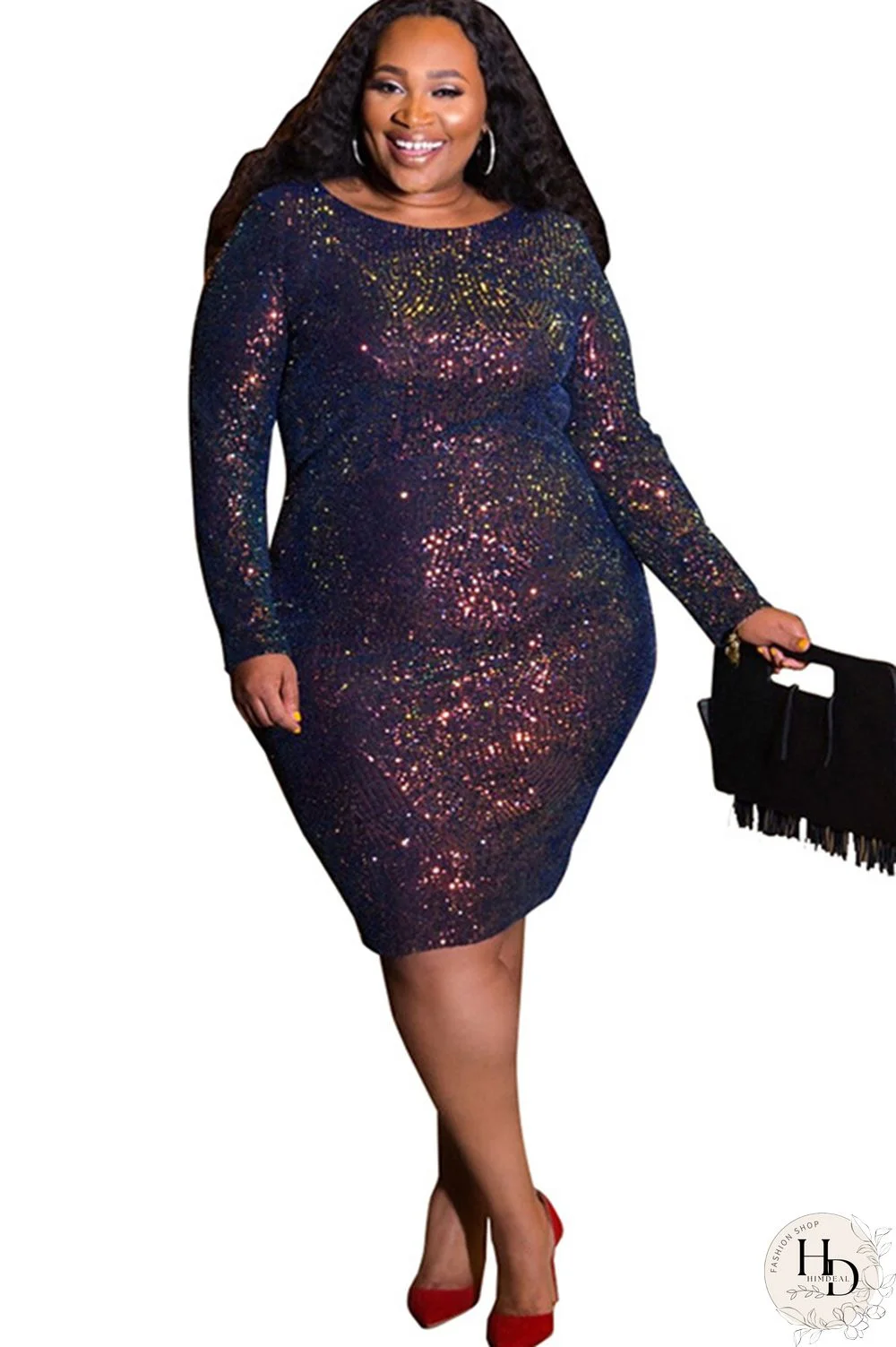 As Show Sexy O Neck Sequin Solid Sequined Plus Size Dresses
