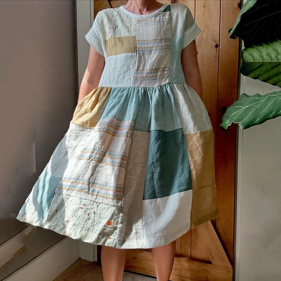 Women’s Vintage Japanese Stripe Patchwork Art Midi Dress