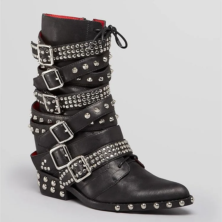 Custom Made Black Pointed Toe Lace-up Buckle Studs Boots |FSJ Shoes