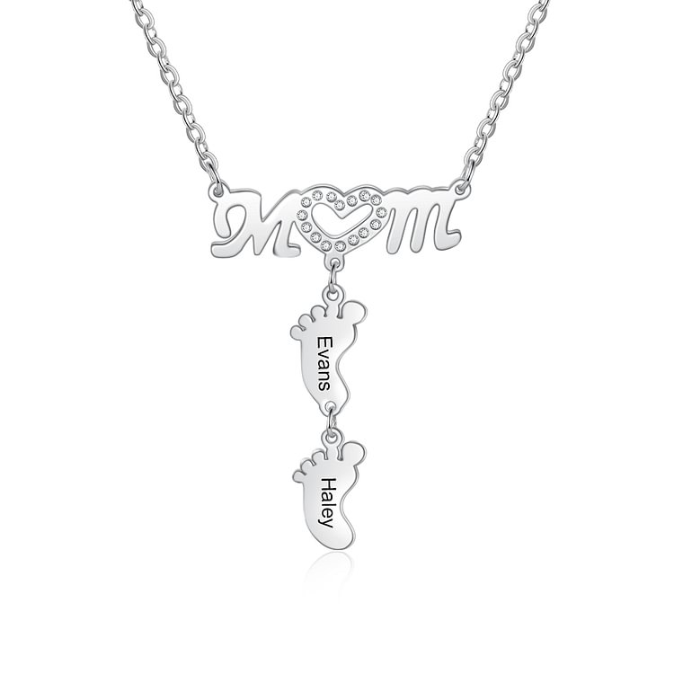 Personalized Mother Necklace with 2 Baby Feet Pendants and 2 Names