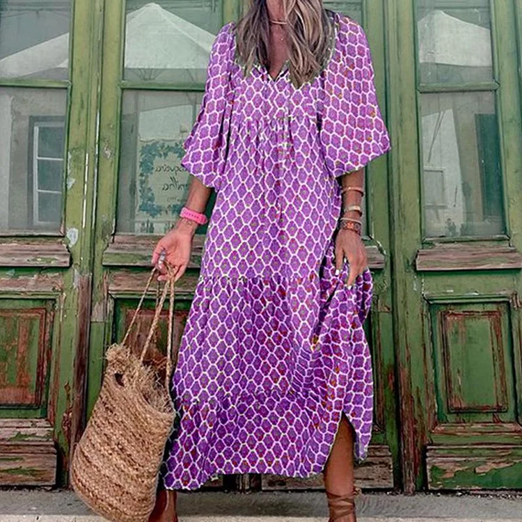 Retro Floral Print Long V-neck Dress