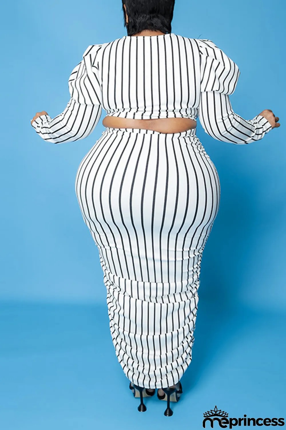 Yellow Casual Striped Split Joint O Neck Pencil Skirt Plus Size Two Pieces