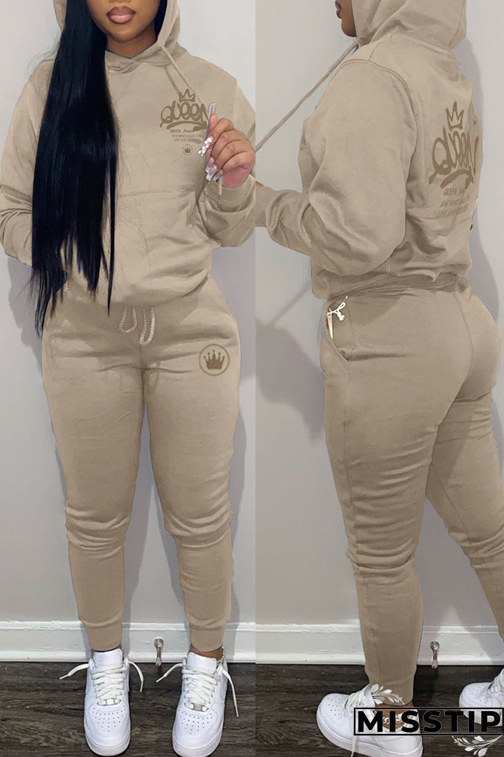 Blue Casual Print Patchwork Hooded Collar Long Sleeve Two Pieces