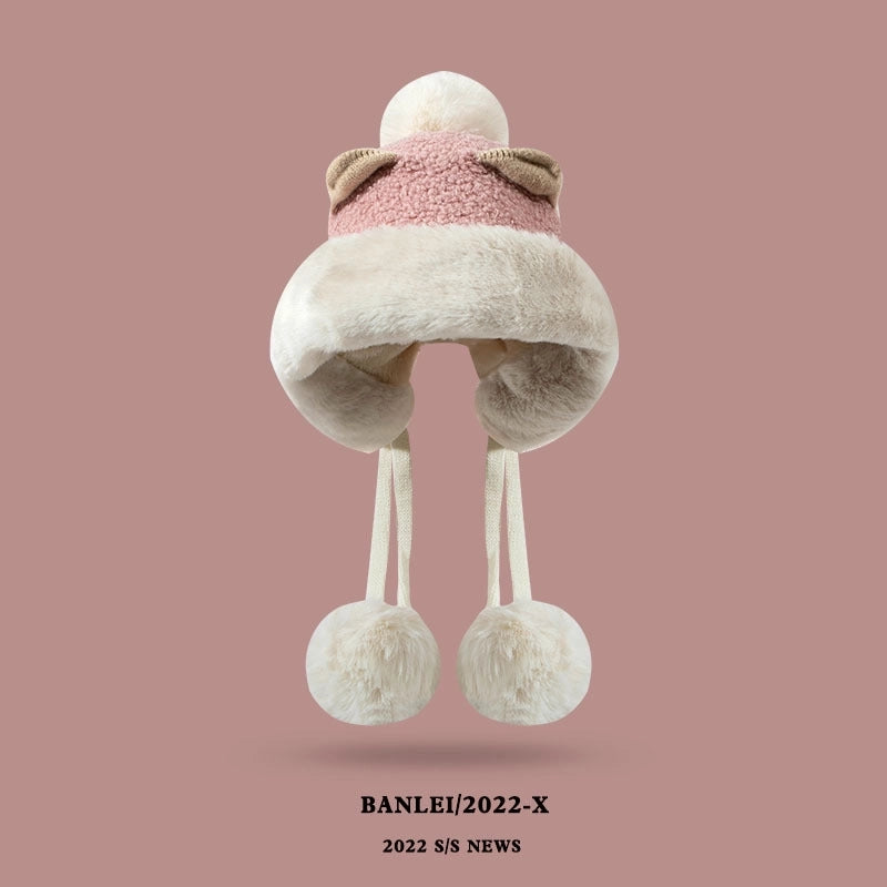 Winter Korean Style Versatile Cute Ear Plush Hat Women’s Fleece-lined Ear Protection Lei Feng Hat Women’s Warm Toe Cap Fashion