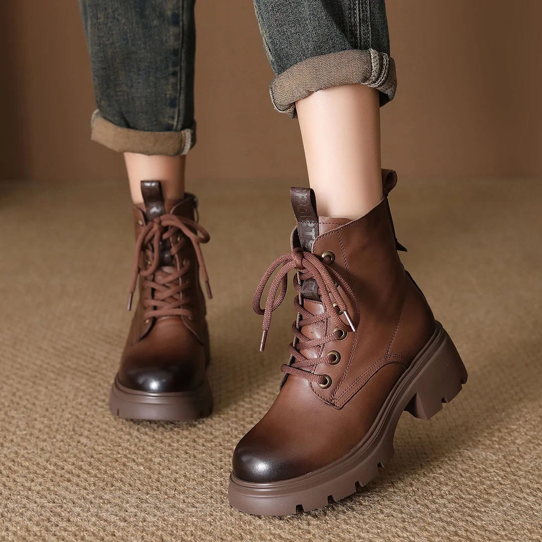 Yyvonne Layer Of Cowhide Martin Boots Women 2025 Autumn And Winter New Thick-Bottomed Fashion Light, Anti-Slip Coarse And Leather Short Boots