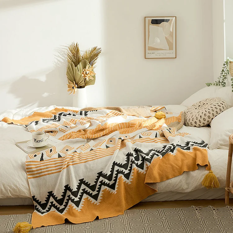 Nordic Style Geometric Knitted Tassel Sofa Bed Throw Blanket