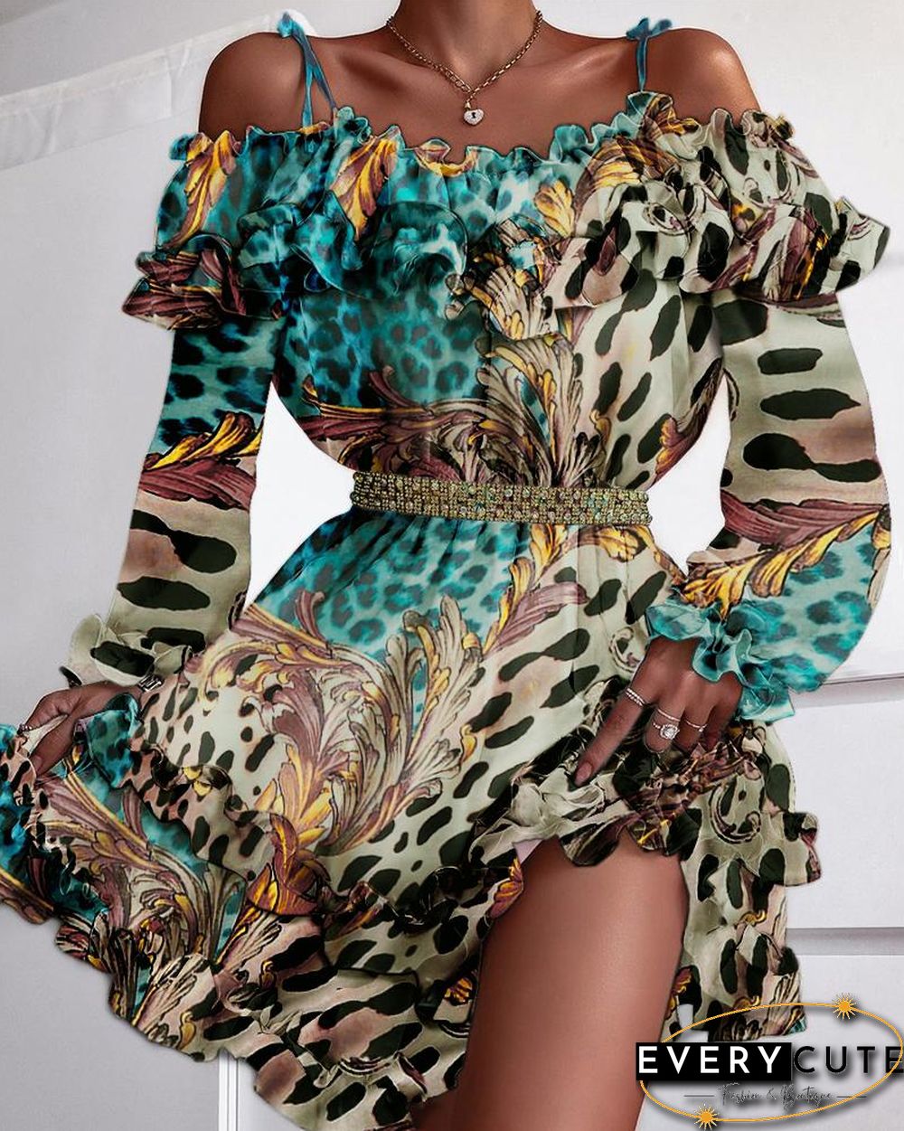 Leopard Print Cold Shoulder Ruffles Dress