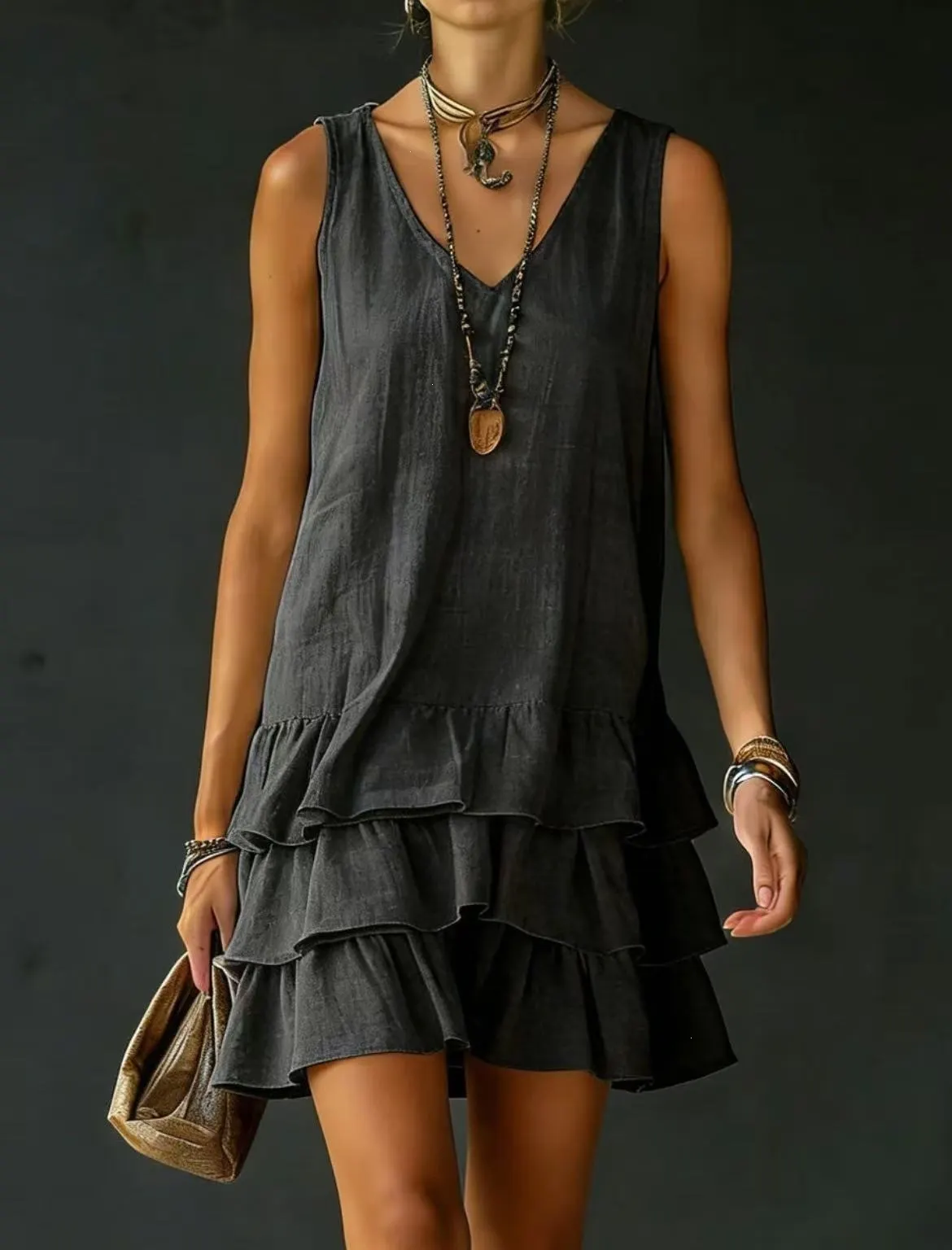 Women&rsquo;s Sleeveless V-Neck Loose Tiered Ruffle Hem Solid Casual Mini Dress