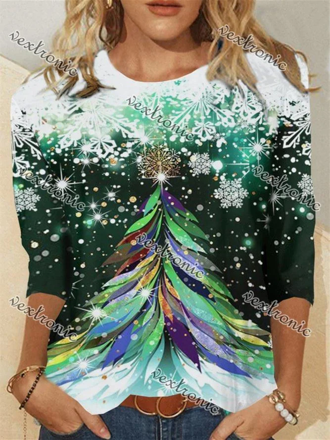 Women Long Sleeve Scoop Neck Christmas Casual Floral Printed Top