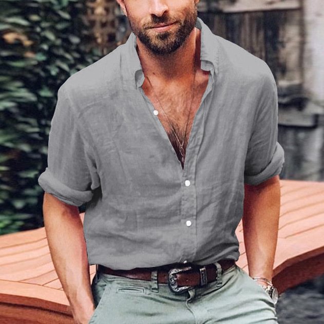 Solid color long-sleeved button-down collar men's shirt
