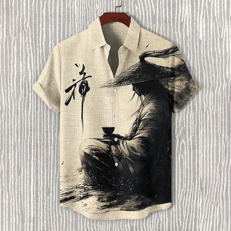 Men's Samurai Drinking Tea Meditation Ink Art Print Short Sleeve Shirt