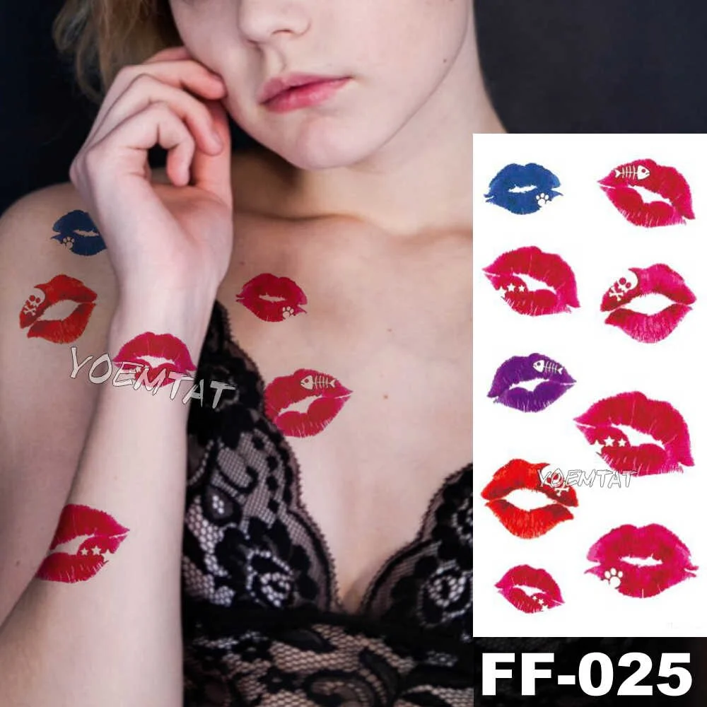 Red Rose Lips Body Art Waterproof Fake Tattoo Flowers For Women Flash Water transfer Temporary Tatoo Stickers