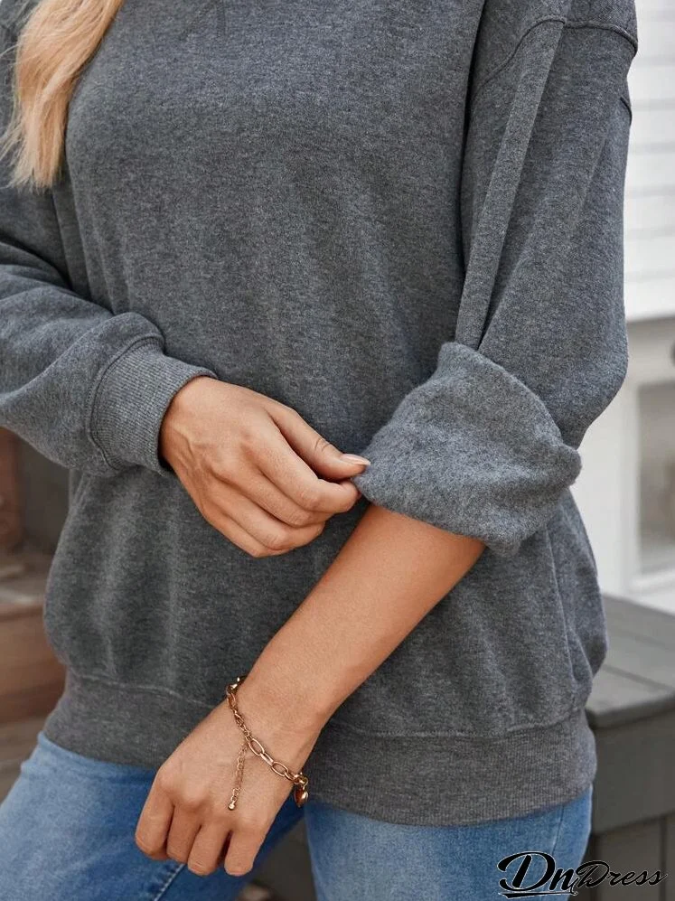 Women Plain Color Round Neck Drop Shoulder Long Sleeve Fleece Lined Casual Sweatshirt, Autumn/Winter