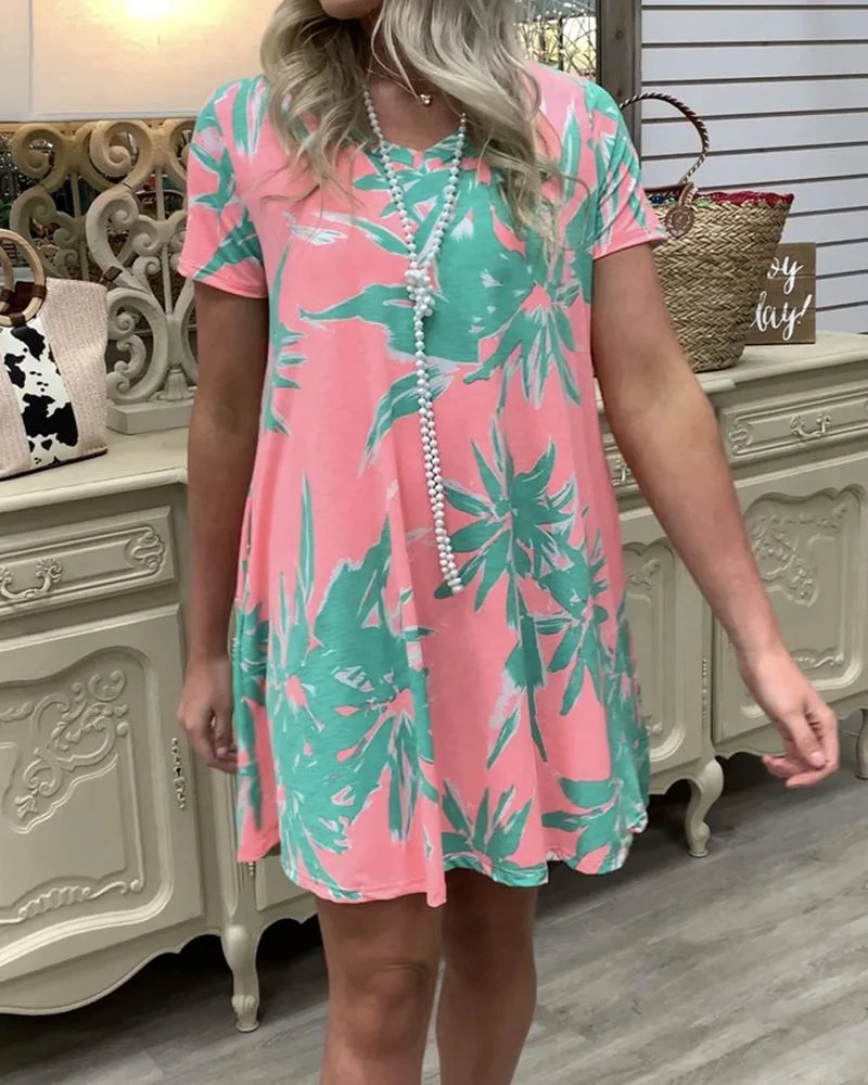 Casual Crew Neck Printed Short Sleeve Dress