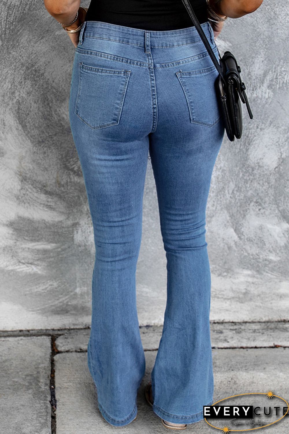 Sky Blue Sunflower Heart Print Button Fly Distressed Flare Jeans