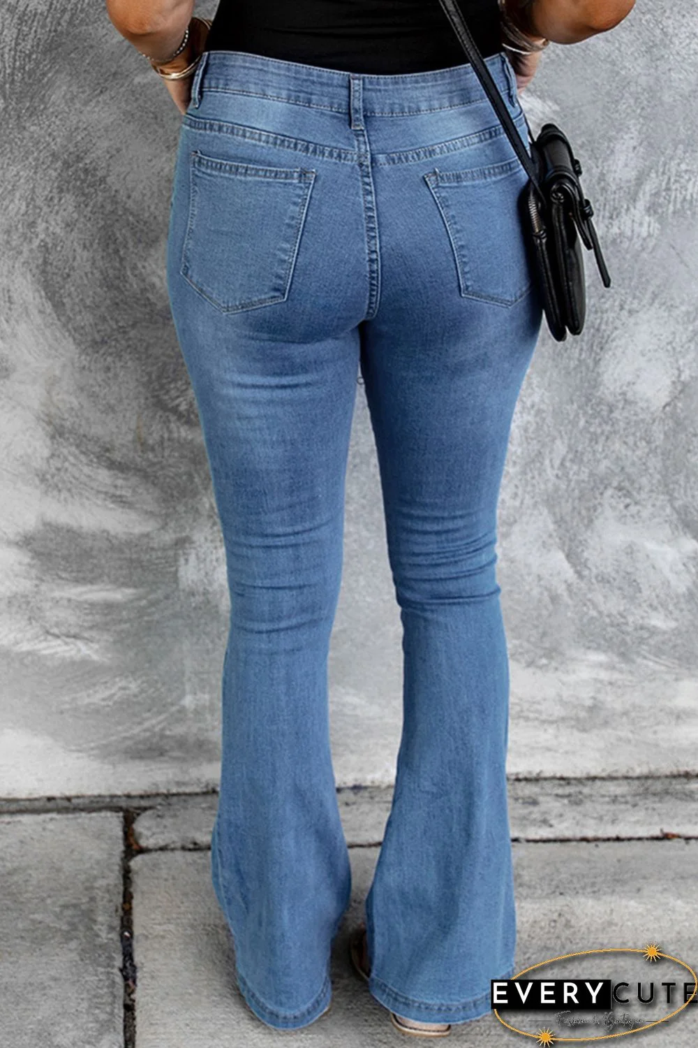 Sky Blue Sunflower Heart Print Button Fly Distressed Flare Jeans