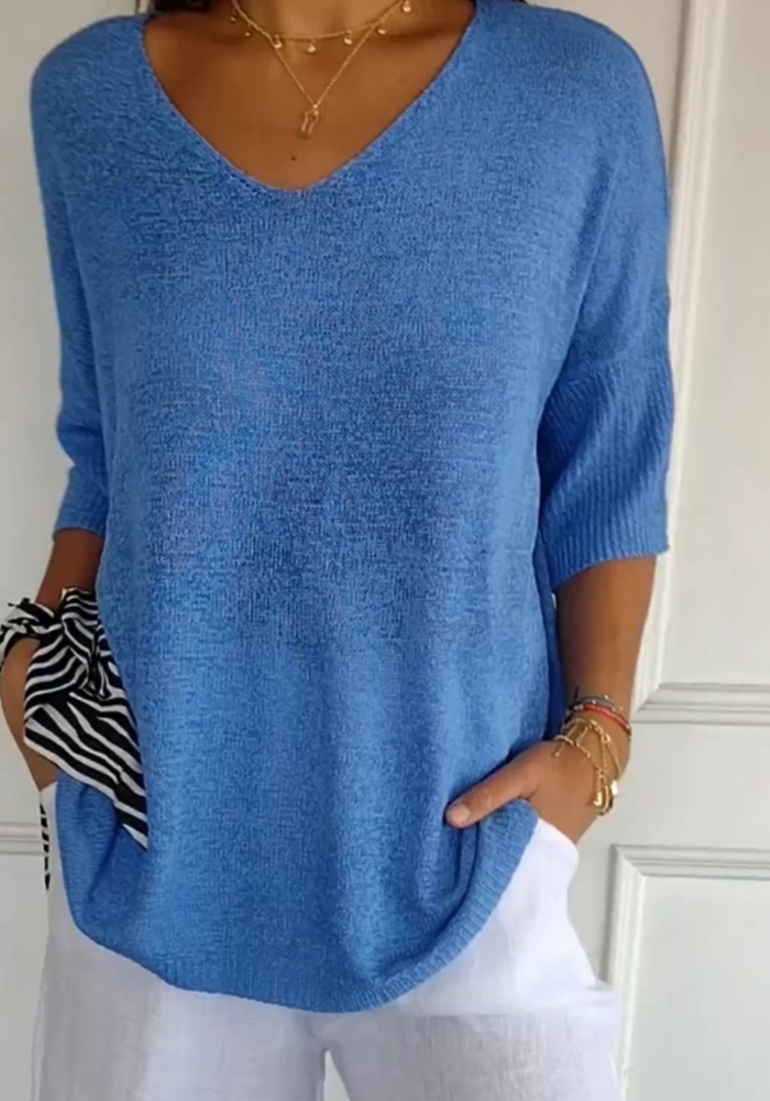 Solid Color Knitted V-neck Top