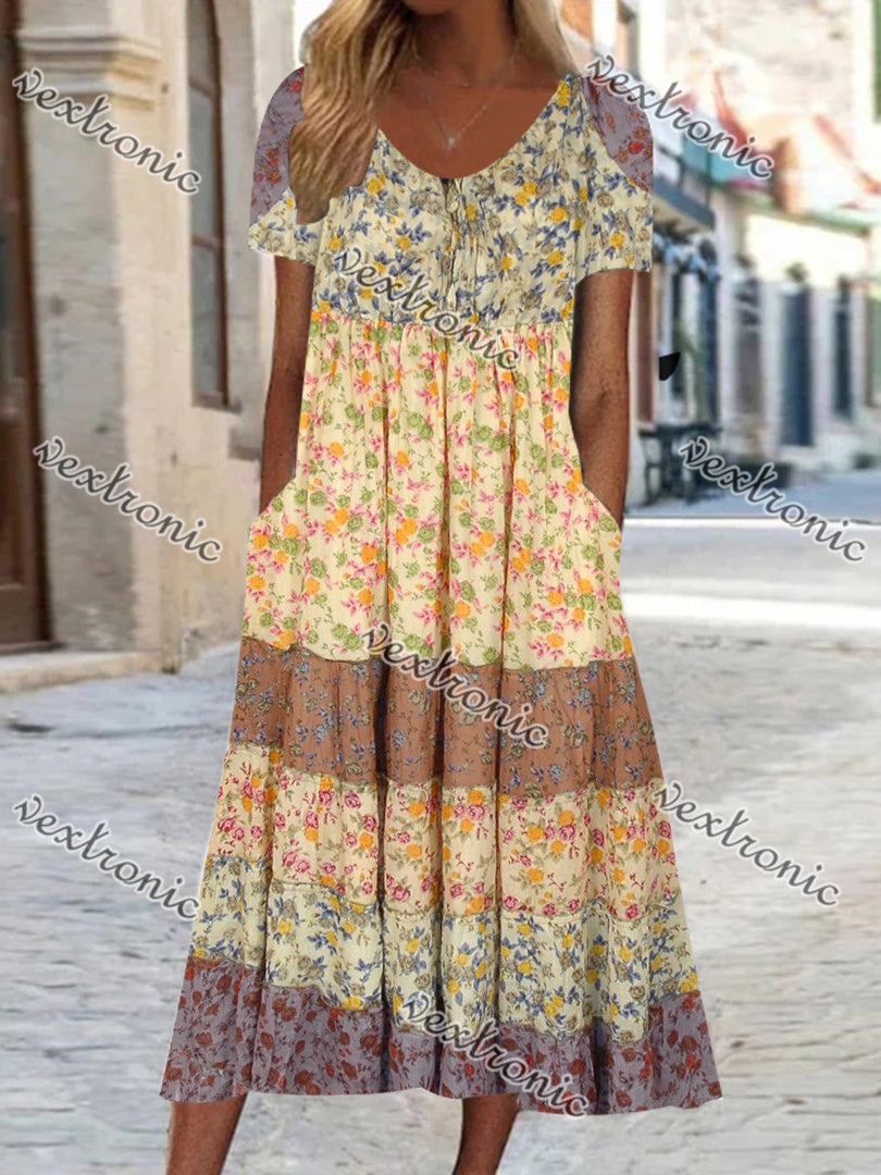 Women Short Sleeve Scoop Neck Floral Printed Stitching Maxi Dress